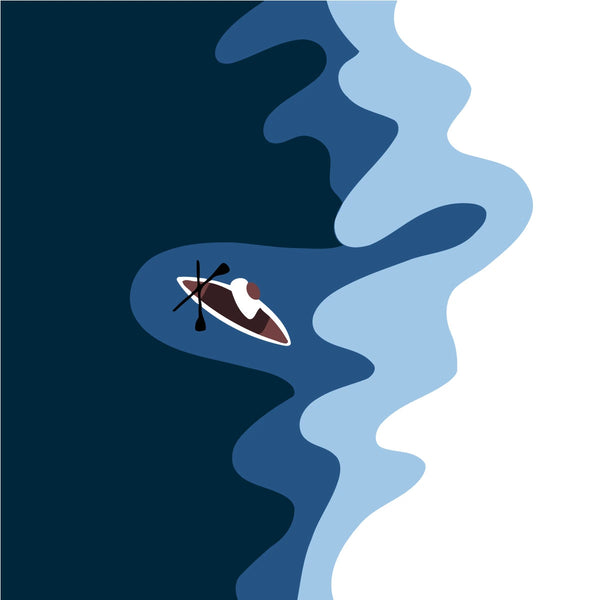 Minimalist painting of a lone kayaker paddling through abstract waters