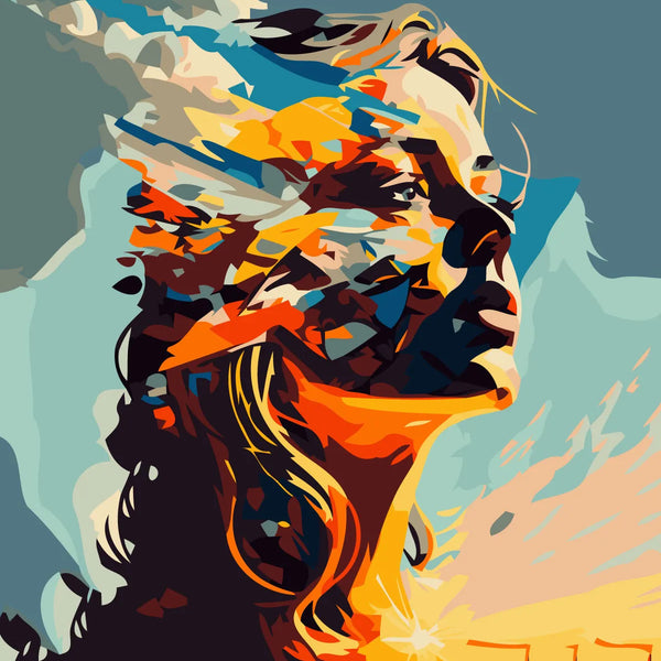 Abstract portrait of a woman blending with a vibrant sunset