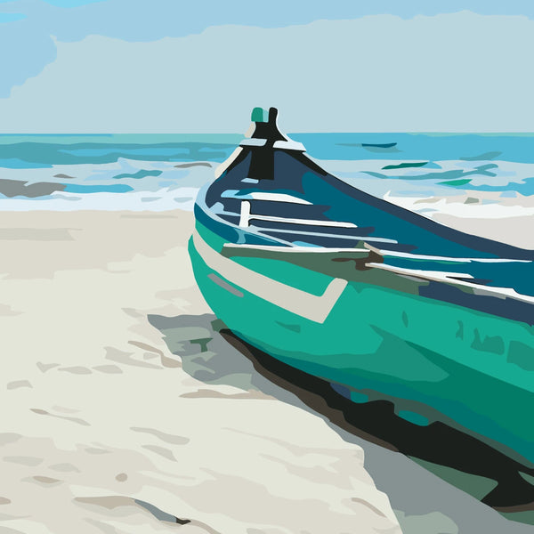 Painting of a green boat resting on a sandy beach