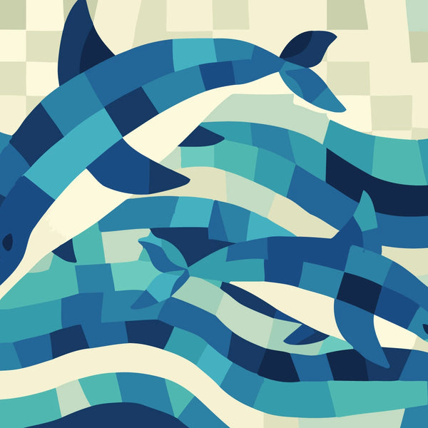 Two blue dolphins swimming in abstract ocean waves pattern