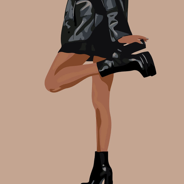 Painting of a stylish woman in black leather jacket and boots
