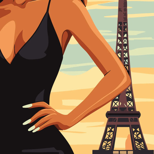 Elegant woman in black dress posing near Eiffel Tower in Paris