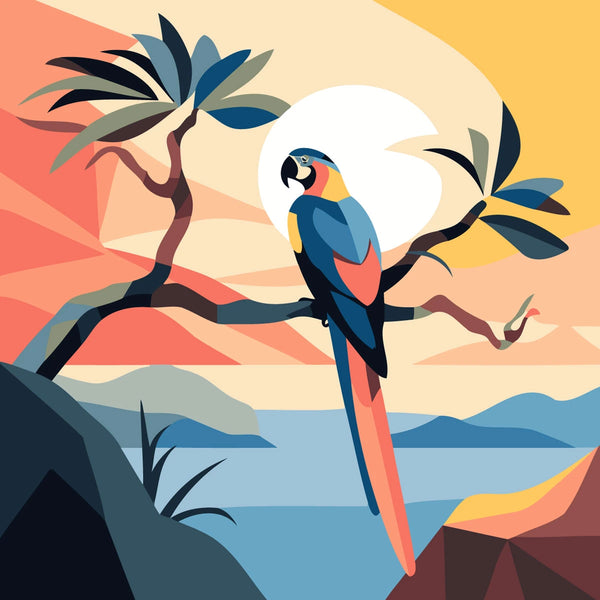 Colorful parrot perched on a tree branch overlooking the ocean