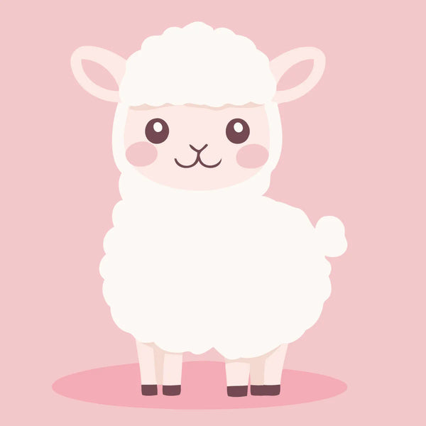 Cute fluffy white alpaca on pink background with rosy cheeks