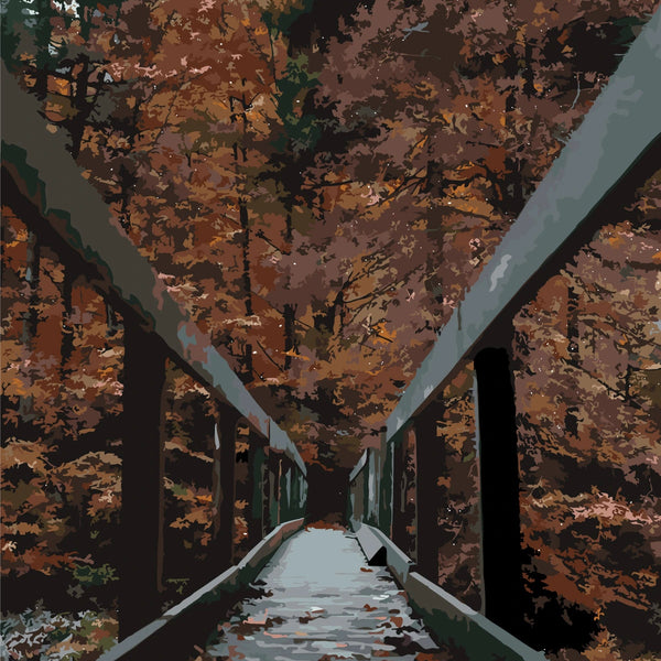 Painting of a wooden bridge surrounded by autumn trees and leaves