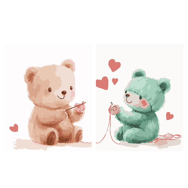 Two adorable bears knitting with love, surrounded by hearts