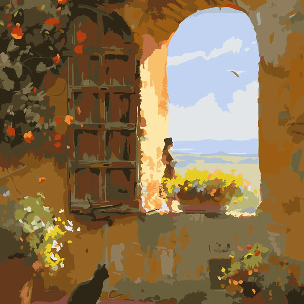 Sunlit courtyard with cat, open door, and distant landscape view