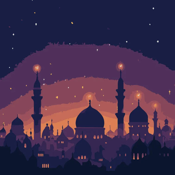 A beautifully illuminated city skyline with domes and minarets glowing under a twilight sky, reflecting the peaceful atmosphere of Ramadan nights.