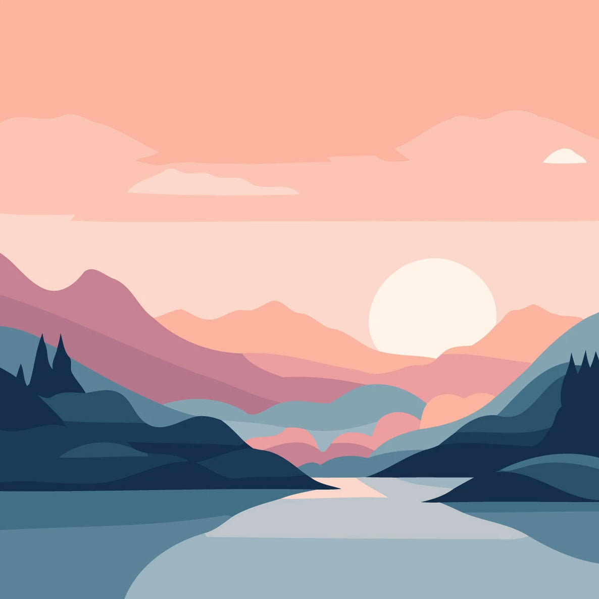 Serene mountain landscape with river and pastel-colored sunset sky.