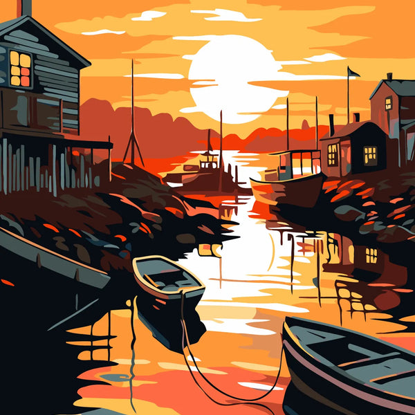 Sunset harbor scene with boats cottages and warm glowing reflections