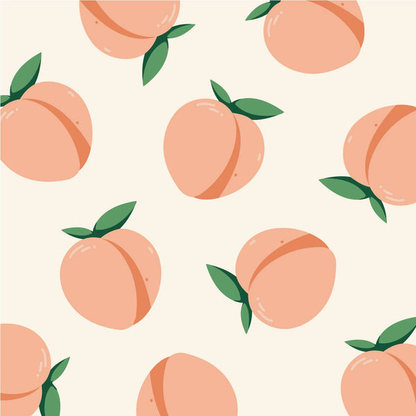 Seamless pattern of ripe peaches with green leaves on beige background