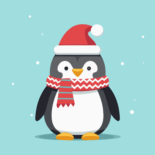 Cute penguin wearing Santa hat and scarf in snowy background