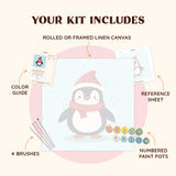 Penguin Joy paint by numbers kit including pre-numbered canvas, brushes, and vibrant paints for a fun holiday art project.