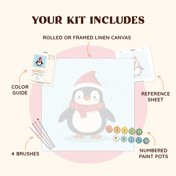 Penguin Joy paint by numbers kit including pre-numbered canvas, brushes, and vibrant paints for a fun holiday art project.