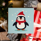 Completed Penguin Joy paint by numbers artwork showing a festive penguin in a Santa hat, perfect for Christmas décor or gifting.