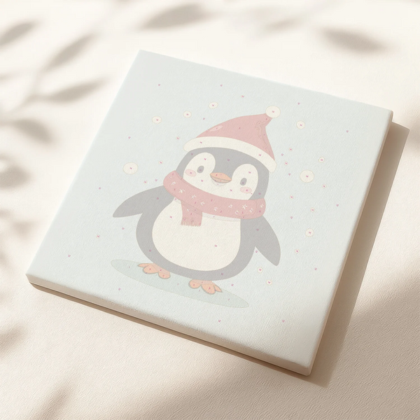 Penguin Joy paint by numbers canvas featuring a cute penguin wearing a Santa hat and scarf surrounded by snow.