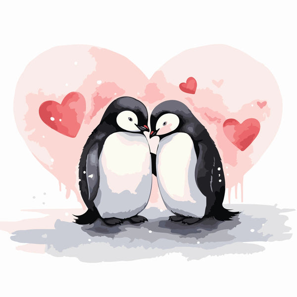 Two loving penguins with hearts in a romantic winter scene