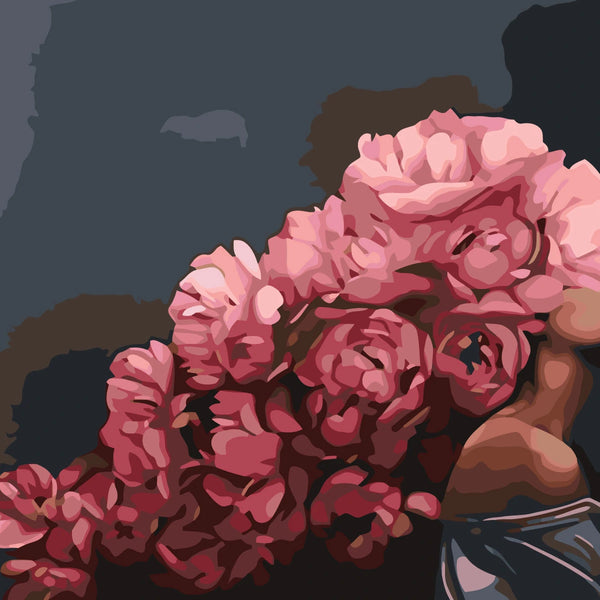 Painting of a woman with a head full of pink flowers