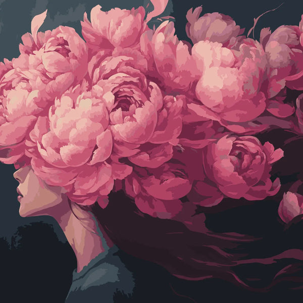 Surreal portrait of a woman with blooming pink peony hair
