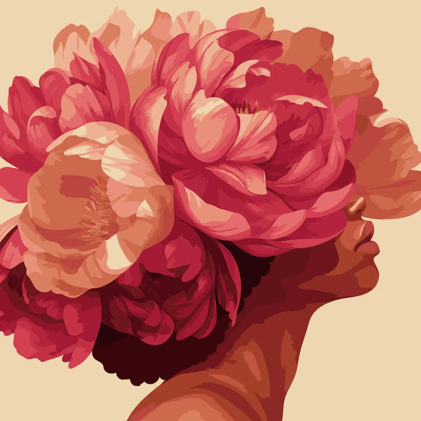 Portrait of a woman with vibrant peonies covering her head