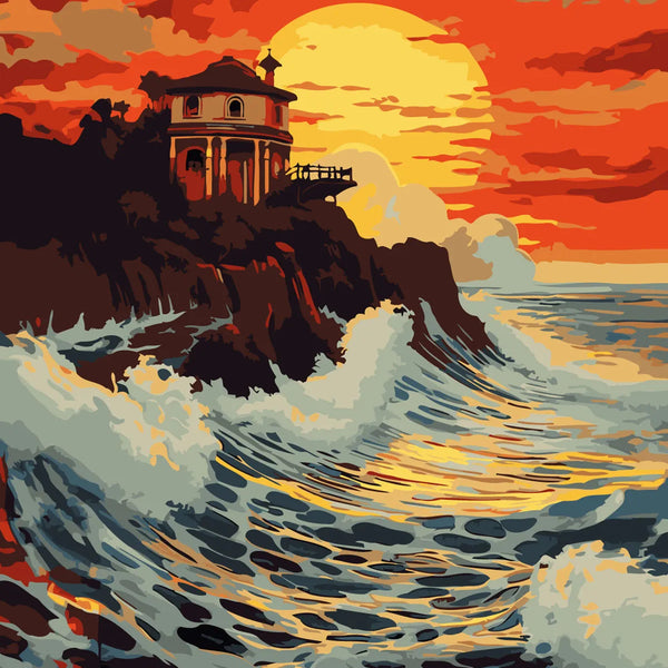 Dramatic ocean waves crashing against cliffs at sunset with house