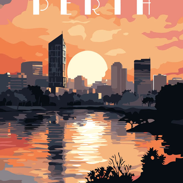 Perth city skyline at sunset reflecting on the river