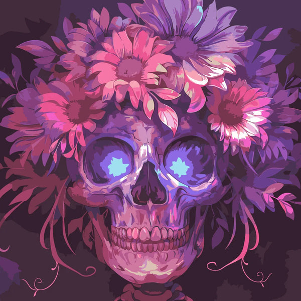 Colorful skull adorned with vibrant flowers on a dark background