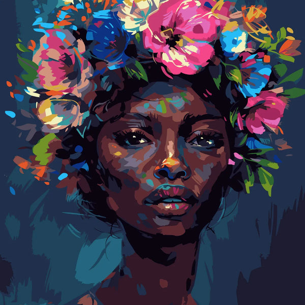 Vibrant portrait of a woman with a colorful floral crown