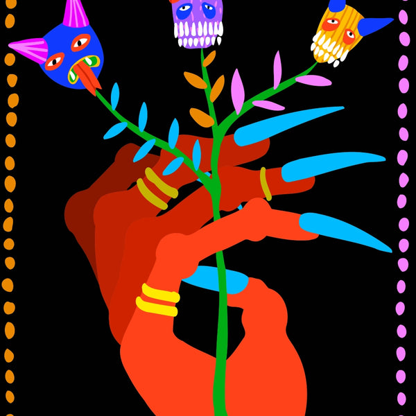 Red hand with long blue nails holding a plant with monster-faced flowers on a black background – colorful, surreal paint by numbers artwork.