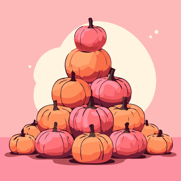 Stack of pink and orange pumpkins in autumn painting