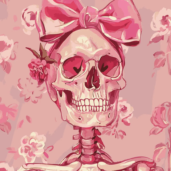 Pink skeleton with a large bow and floral background painting
