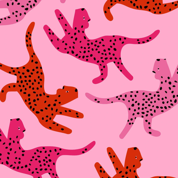 Abstract pink and red cheetahs with black spots on pink background