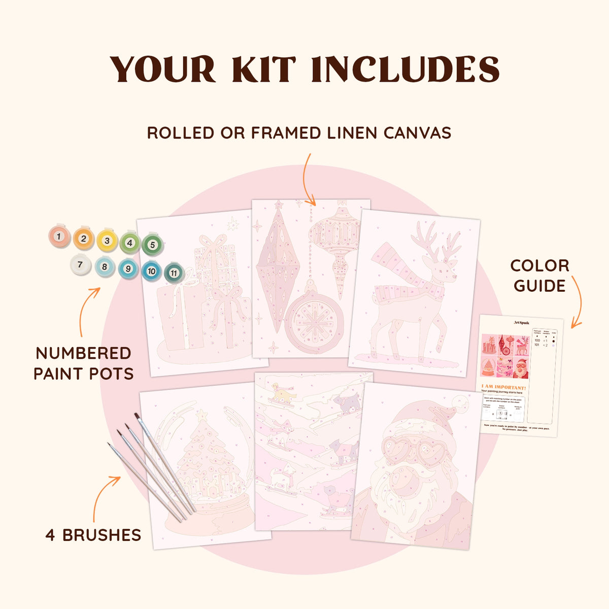 Artspark Pink Christmas Vibes paint by numbers kit with brushes, numbered paints, and color guide — pink holiday art project for a fun festive season.