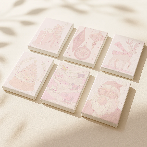Pink Christmas Vibes paint by numbers set of 6 mini canvases by Artspark featuring pink festive scenes with Santa, reindeer, ornaments, and Christmas tree.