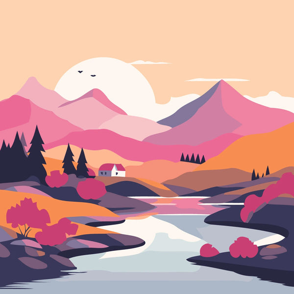 Colorful landscape painting with mountains, river, trees, and small house