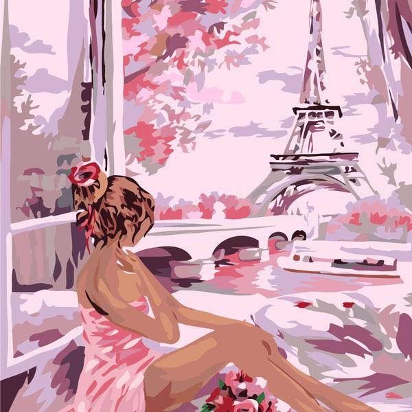 Romantic painting of a woman in pink overlooking Eiffel Tower