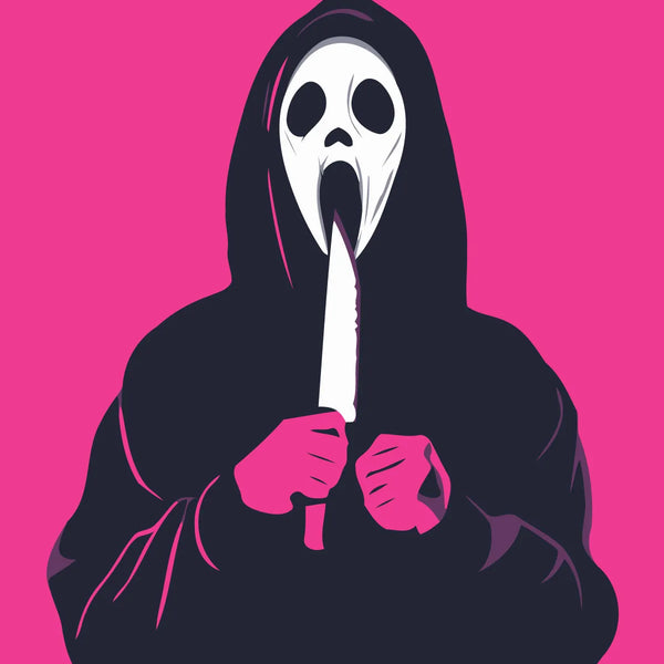 Hooded figure with ghost mask holding knife on pink background