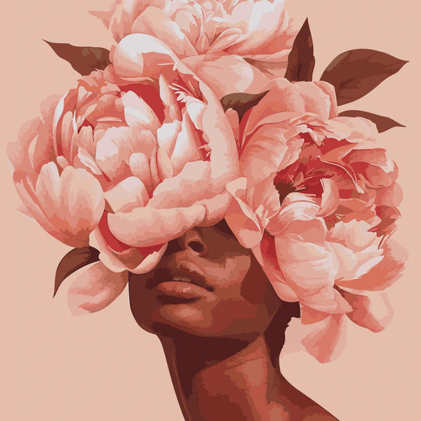 Woman with large blooming flowers covering eyes surreal painting