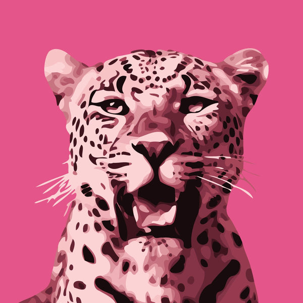Pink-toned leopard portrait with bold black spots on pink background
