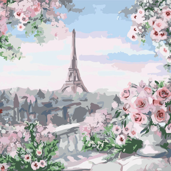 Eiffel Tower painting with pink roses and Paris cityscape view