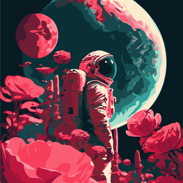 Astronaut standing among red flowers with planets in the background