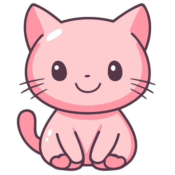 Cute pink cartoon cat with big eyes and a smile painting