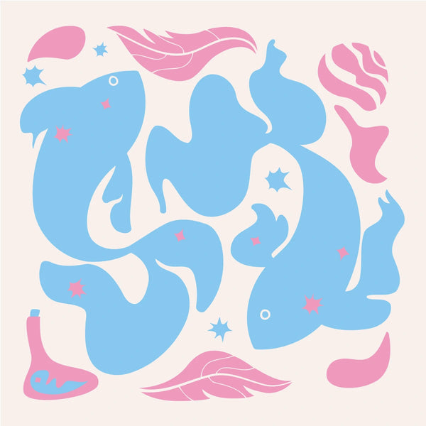 Abstract Pisces zodiac-themed painting with blue fish and pink elements