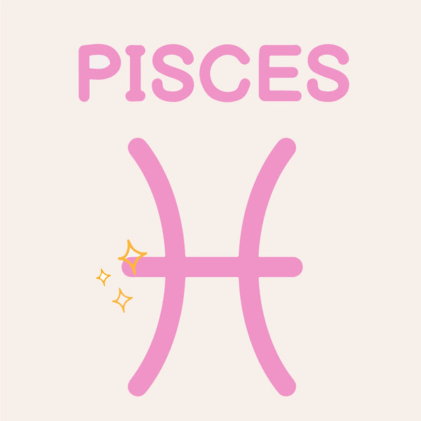 Pink Pisces zodiac symbol with sparkles on a neutral background