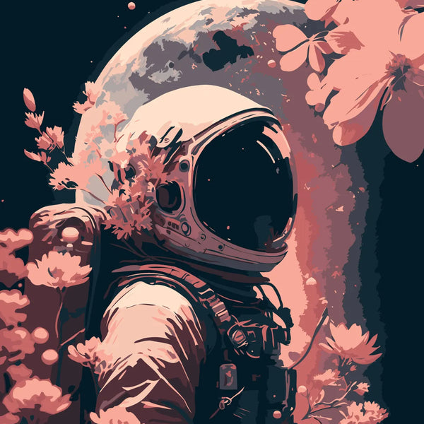 Astronaut surrounded by pink flowers with Earth in background painting