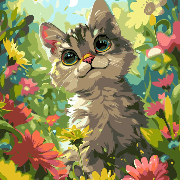 Cute kitten surrounded by colorful flowers in a vibrant painting