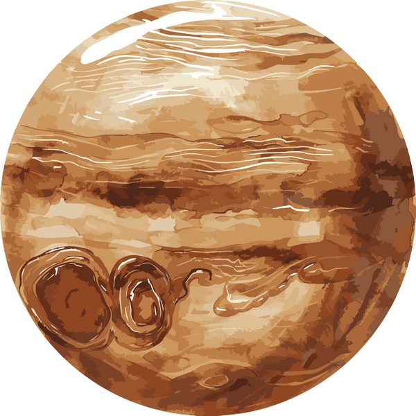 Watercolor-style painting of Jupiter with swirling brown storm patterns