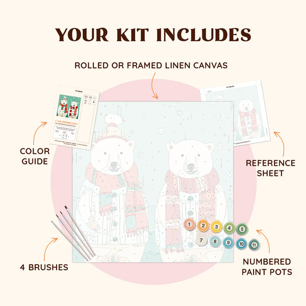 Polar Bears paint by numbers kit including pre-numbered canvas, brushes, and paints featuring festive polar bear design.