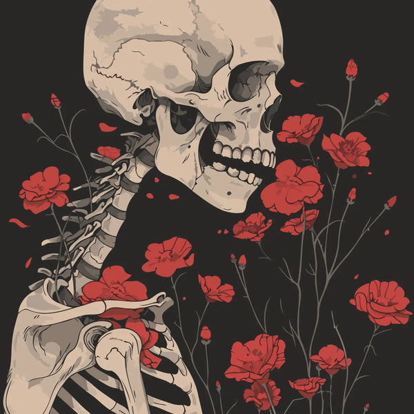 Skeleton with red flowers growing through bones in dark painting