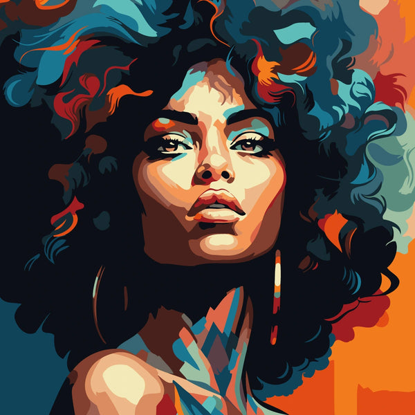 Vibrant portrait painting of a woman with bold curly hair